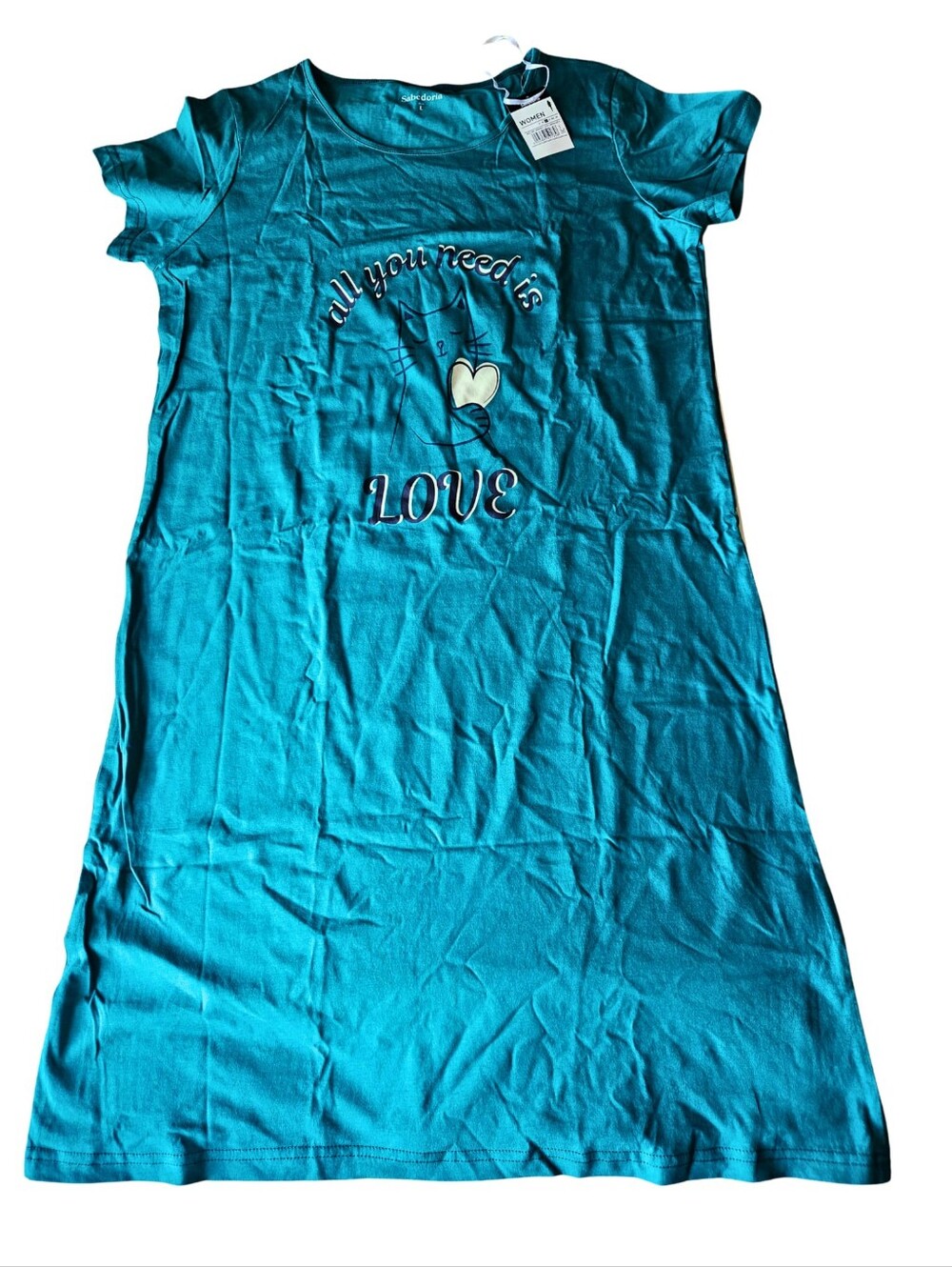 100% Cotton Teal 'All You Need Is Love' Graphic Nightgown | EU L🦋